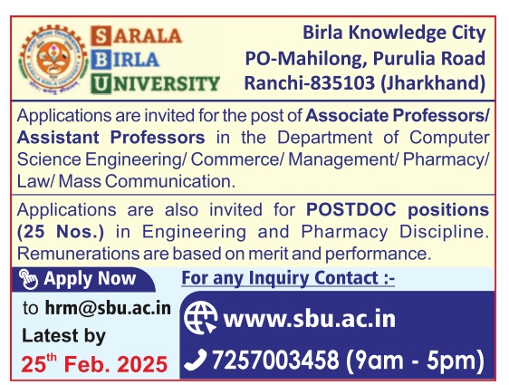 Sarala Birla University Ranchi Teaching Non Teaching Recruitment 2025